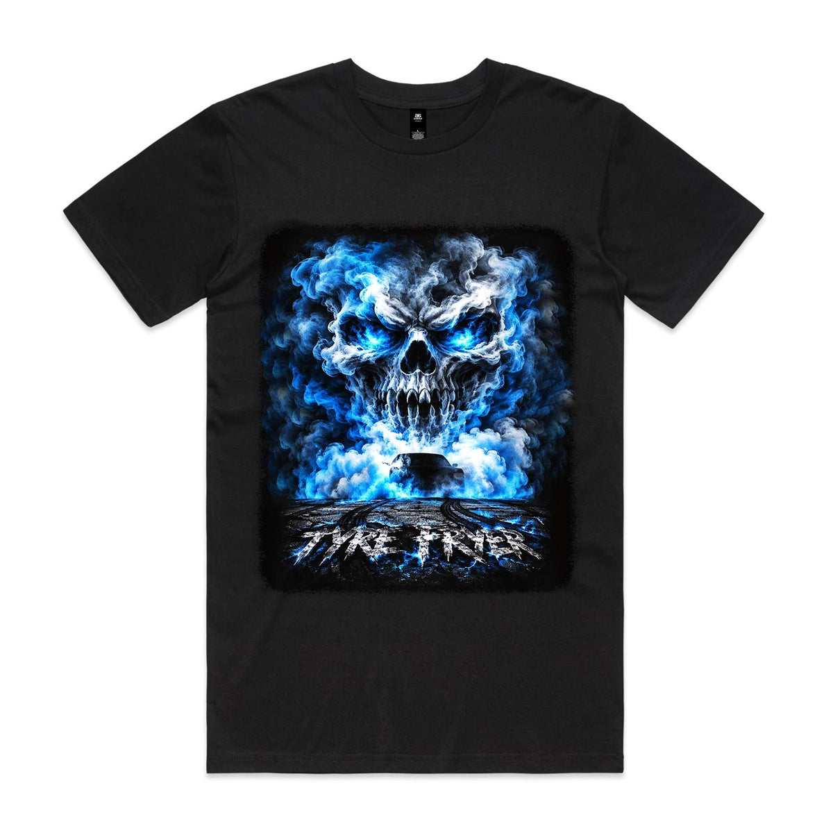 Front of Voltare Skull of Smoke black tee with blue-eyed smoke skull above a car and distressed TYRE FRYER lettering