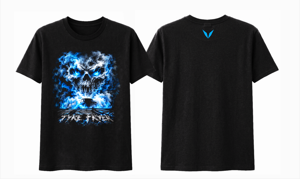 Front and back preview of Voltare Skull of Smoke black tee with skull and car smoke artwork and cyan-blue Voltare V logo