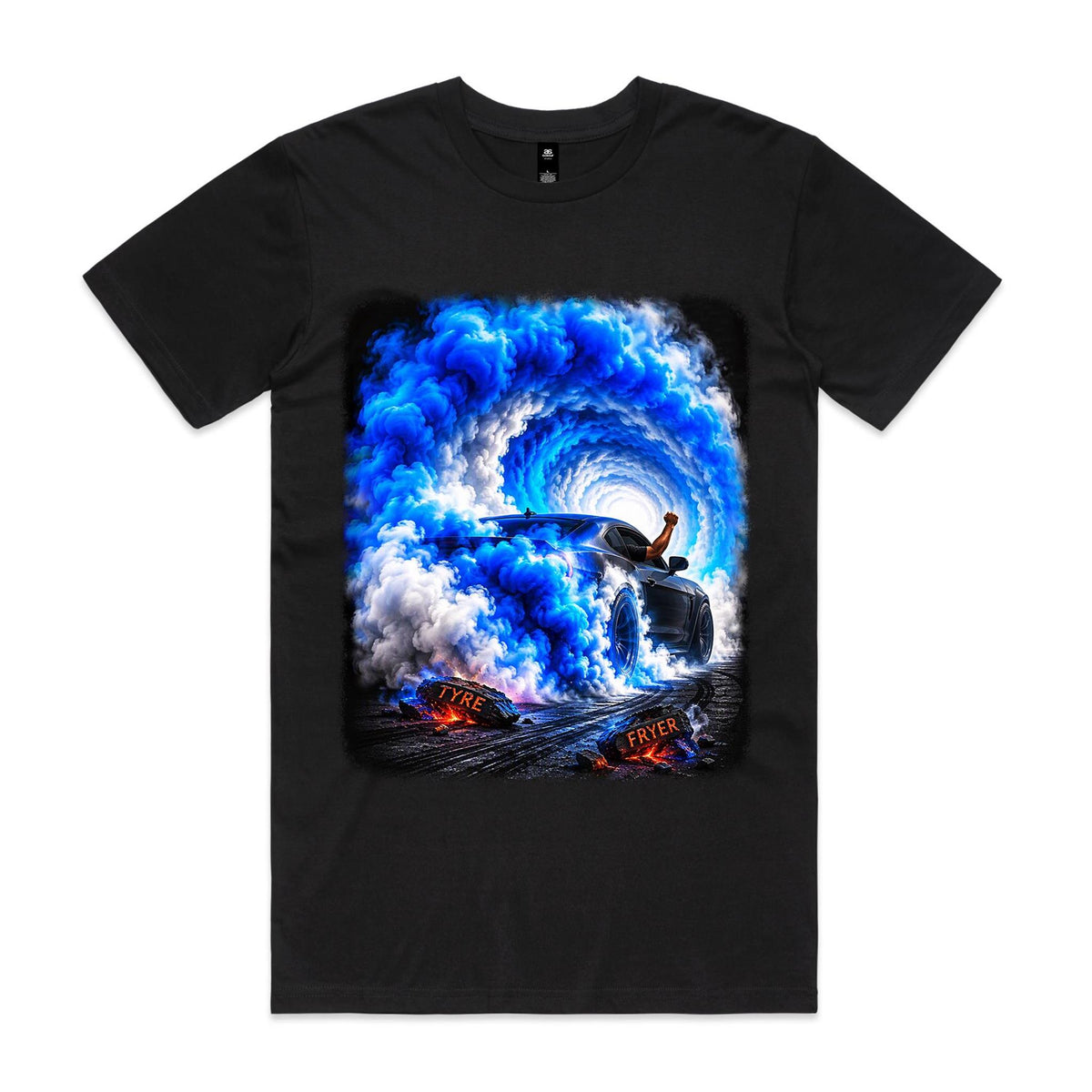 Front of Voltare Smoke Tunnel black tee with sports coupe surrounded by spiralling blue and white tyre smoke