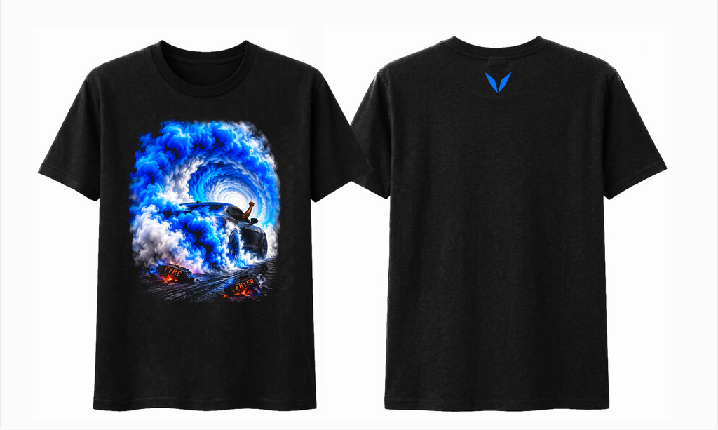 Front and back preview of Voltare Smoke Tunnel black tee with blue smoke sports car artwork and bright-blue Voltare V logo