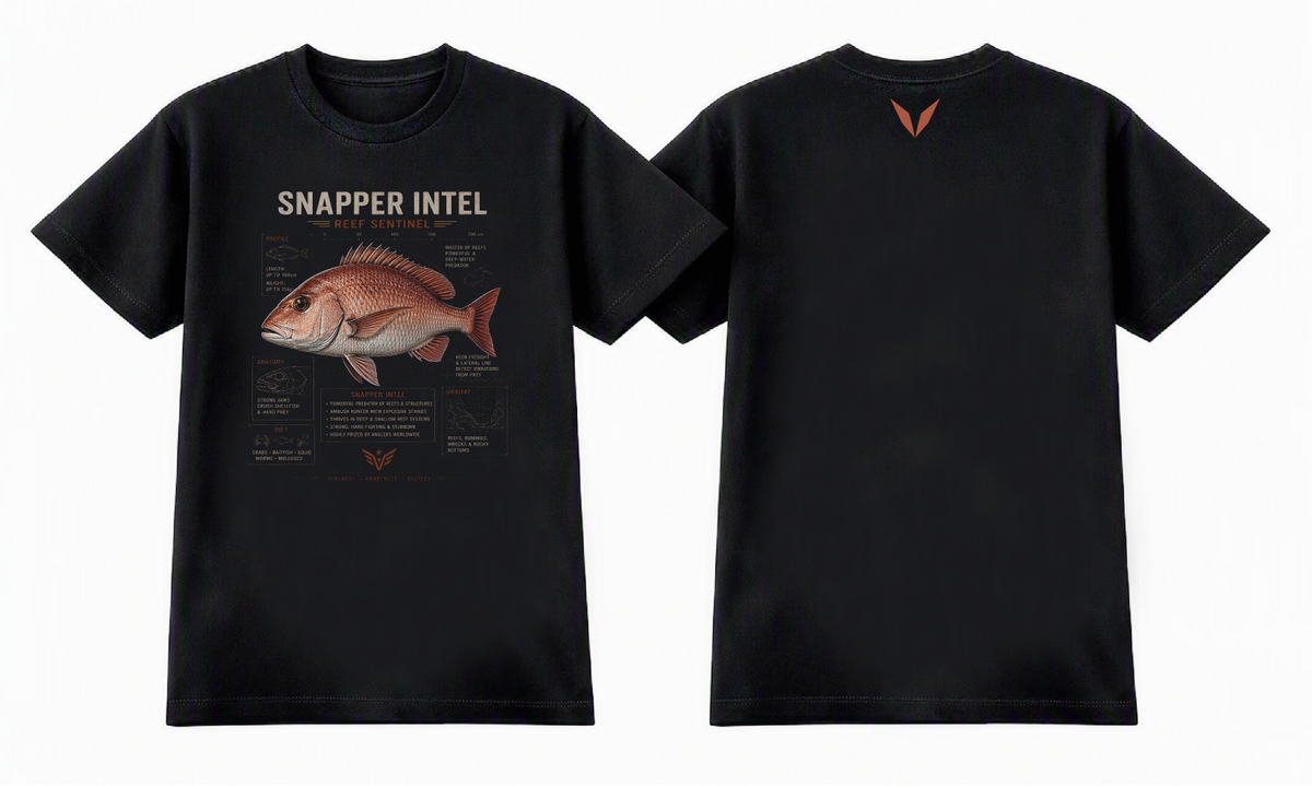 Front and back preview of the Black Voltare Snapper Reef Sentinel Fishing tee with copper-pink snapper artwork, illustrated fish fact panels and a rust-coloured back V