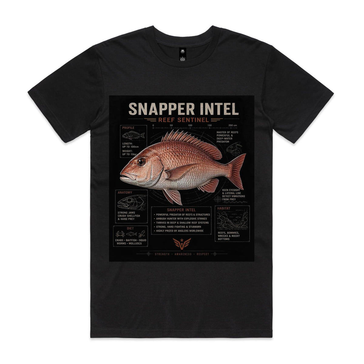 Black Voltare Snapper Reef Sentinel fishing tee featuring copper-pink snapper artwork, Snapper Intel lettering and illustrated profile, anatomy, diet and habitat panels