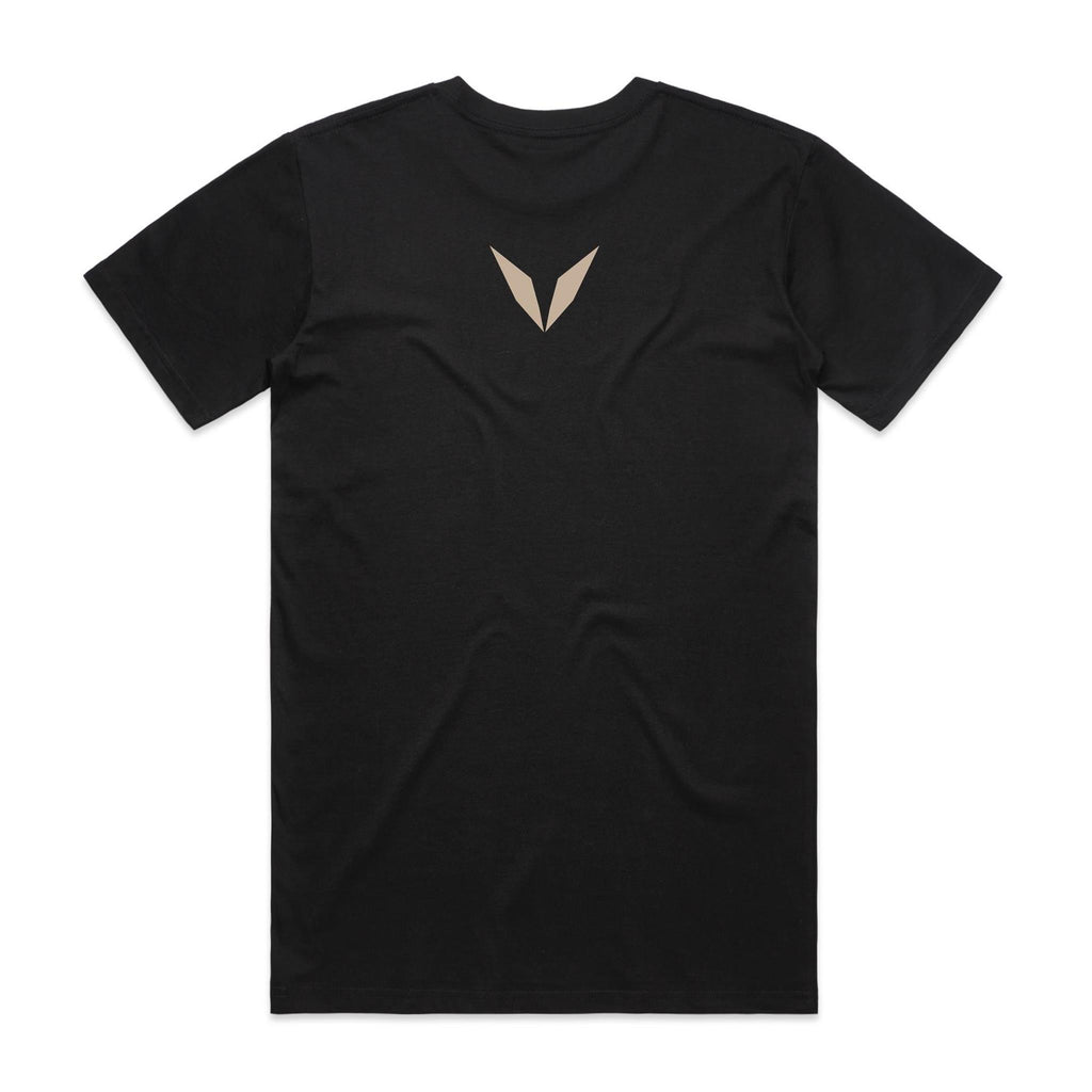 Back of the black Voltare Snow Leopard Colour Heroes Worldwide T-shirt with a small warm beige Voltare V logo at the upper back.