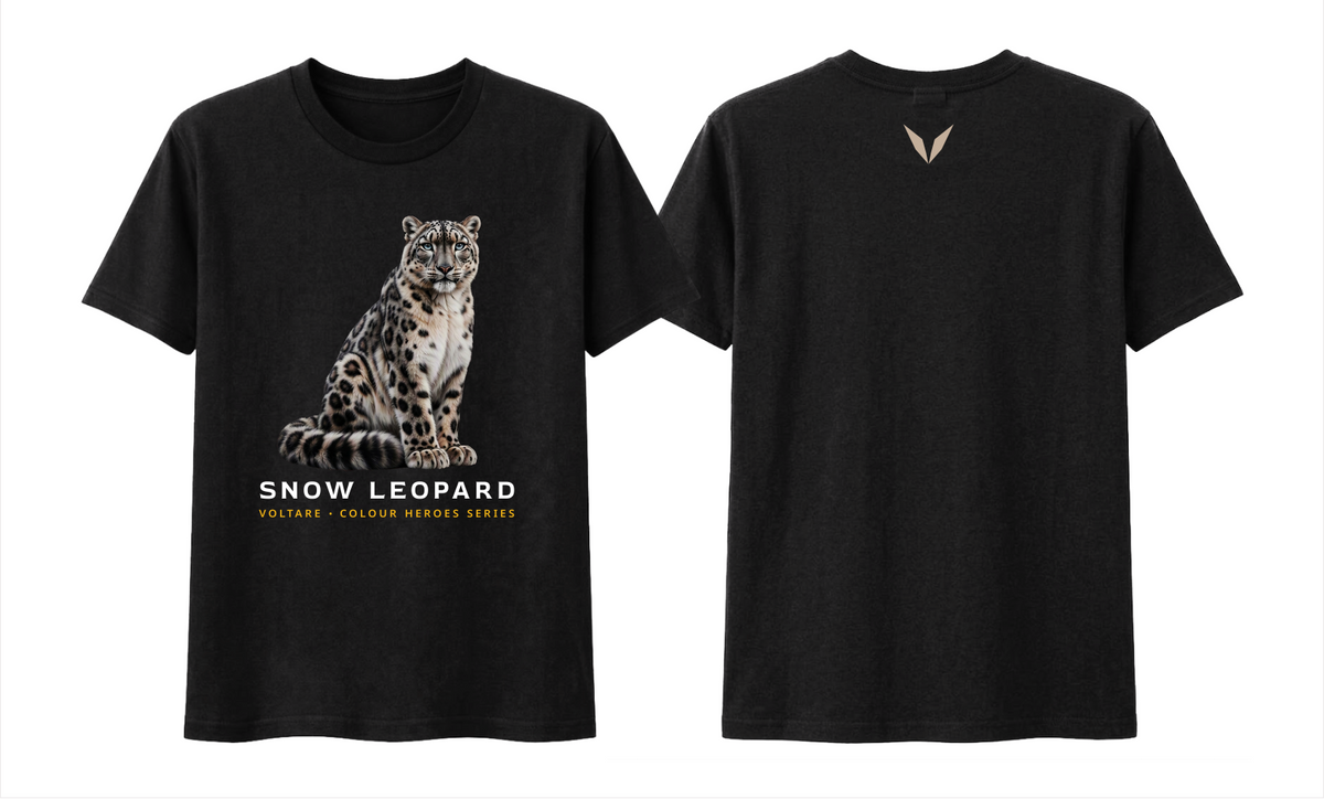 Front and back preview of the black Voltare Snow Leopard Colour Heroes Worldwide T-shirt, with snow leopard artwork on the front and a warm beige Voltare V on the back.

