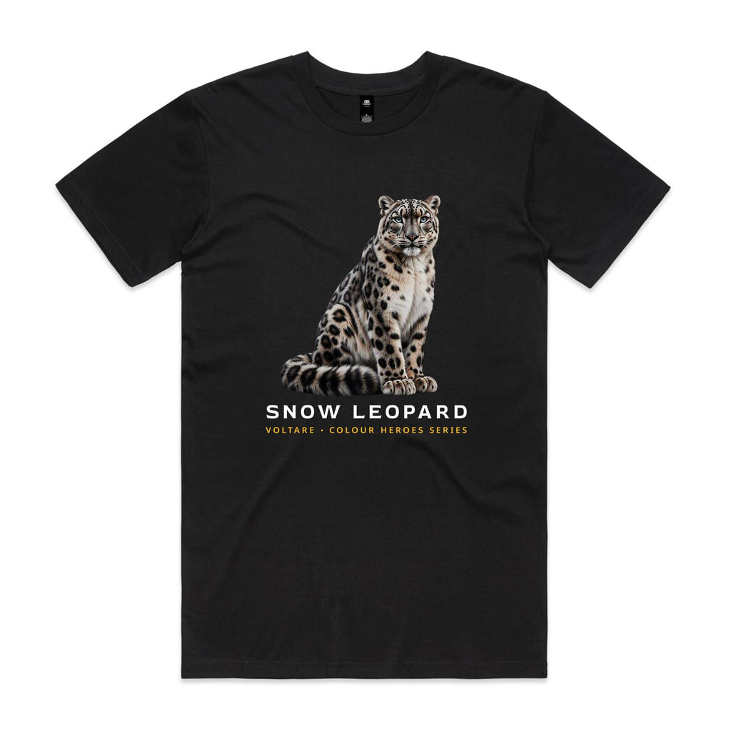 Front of the black Voltare Snow Leopard Colour Heroes Worldwide T-shirt with a seated silver-grey snow leopard, dark rosettes and a thick curled tail.