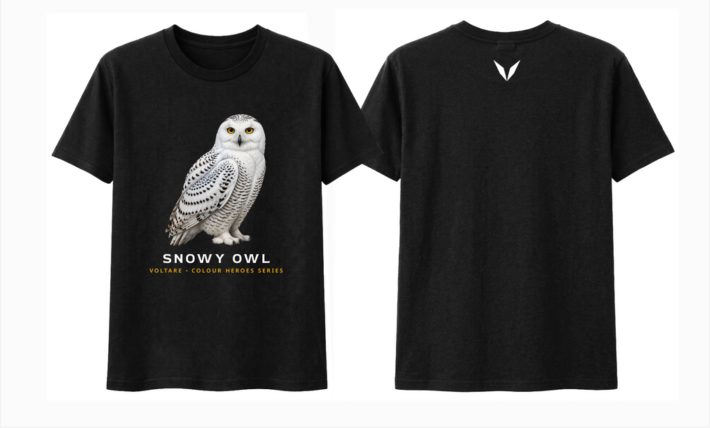 Front and back preview of the black Voltare Snowy Owl Colour Heroes Worldwide T-shirt, with white owl artwork on the front and a white Voltare V on the back.