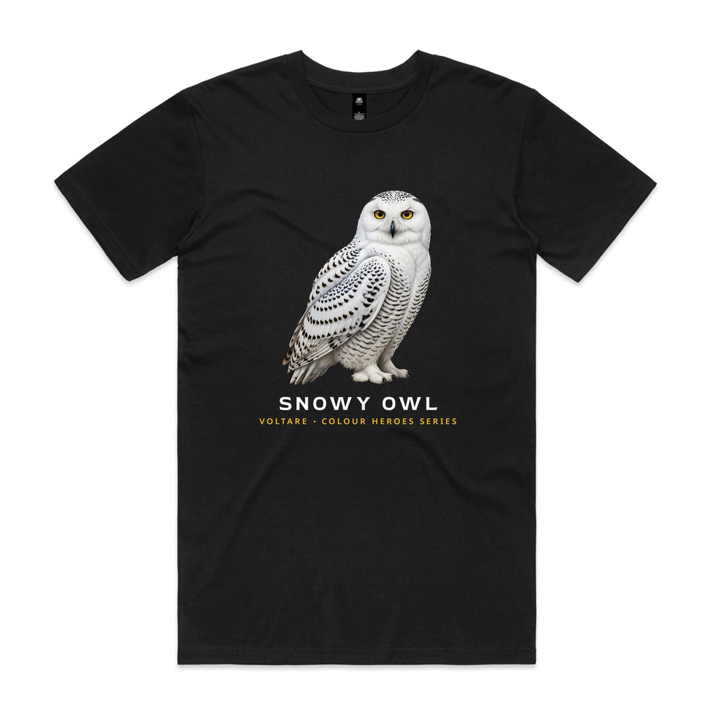 Front of the black Voltare Snowy Owl Colour Heroes Worldwide T-shirt with a detailed white owl, dark feather markings and golden-yellow eyes.