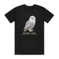 Front of the black Voltare Snowy Owl Colour Heroes Worldwide T-shirt with a detailed white owl, dark feather markings and golden-yellow eyes.