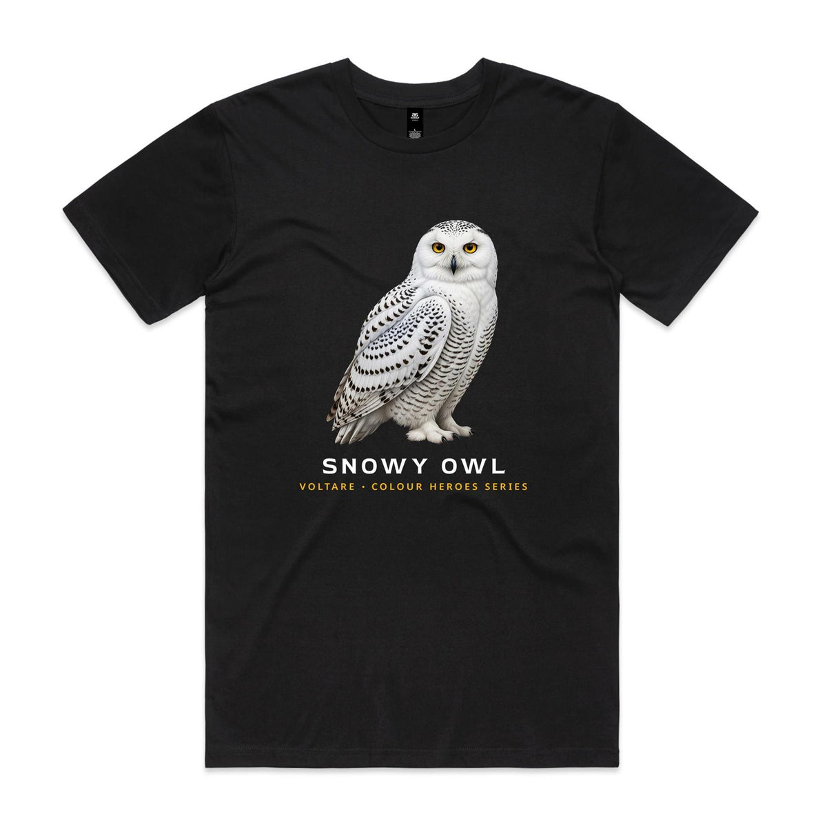 Front of the black Voltare Snowy Owl Colour Heroes Worldwide T-shirt with a detailed white owl, dark feather markings and golden-yellow eyes.
