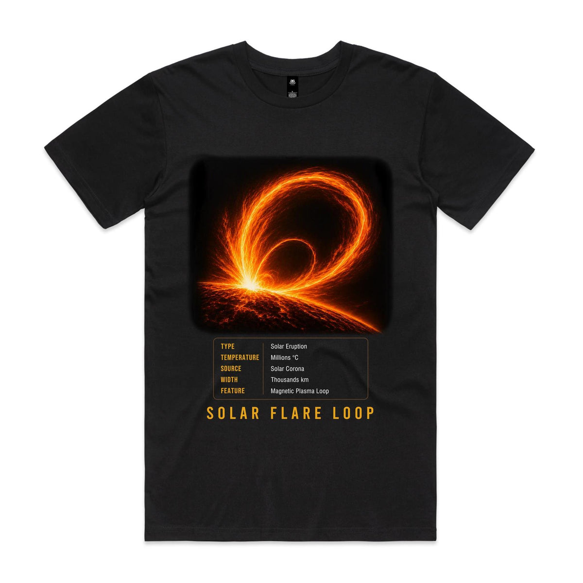 Front of Voltare Solar Flare Loop black tee with glowing orange solar arcs, solar-facts panel and golden-yellow lettering