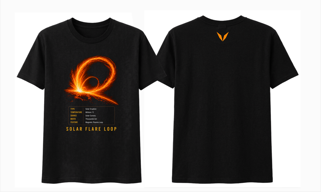 Front and back preview of Voltare Solar Flare Loop black tee with solar artwork, fact panel and golden-orange Voltare V logo