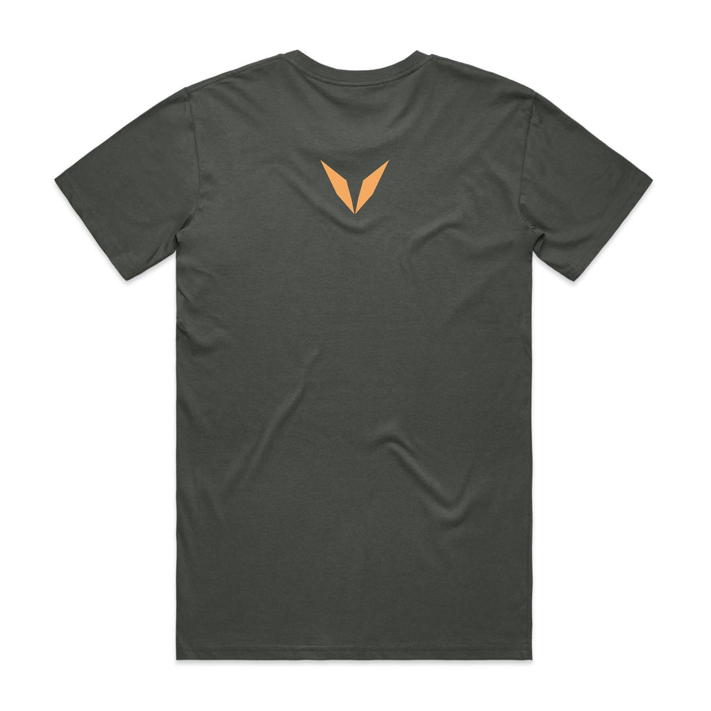 Back of the charcoal Voltare Sooty Owl Sky Hunters T-shirt with a small amber Voltare V logo at the upper back.