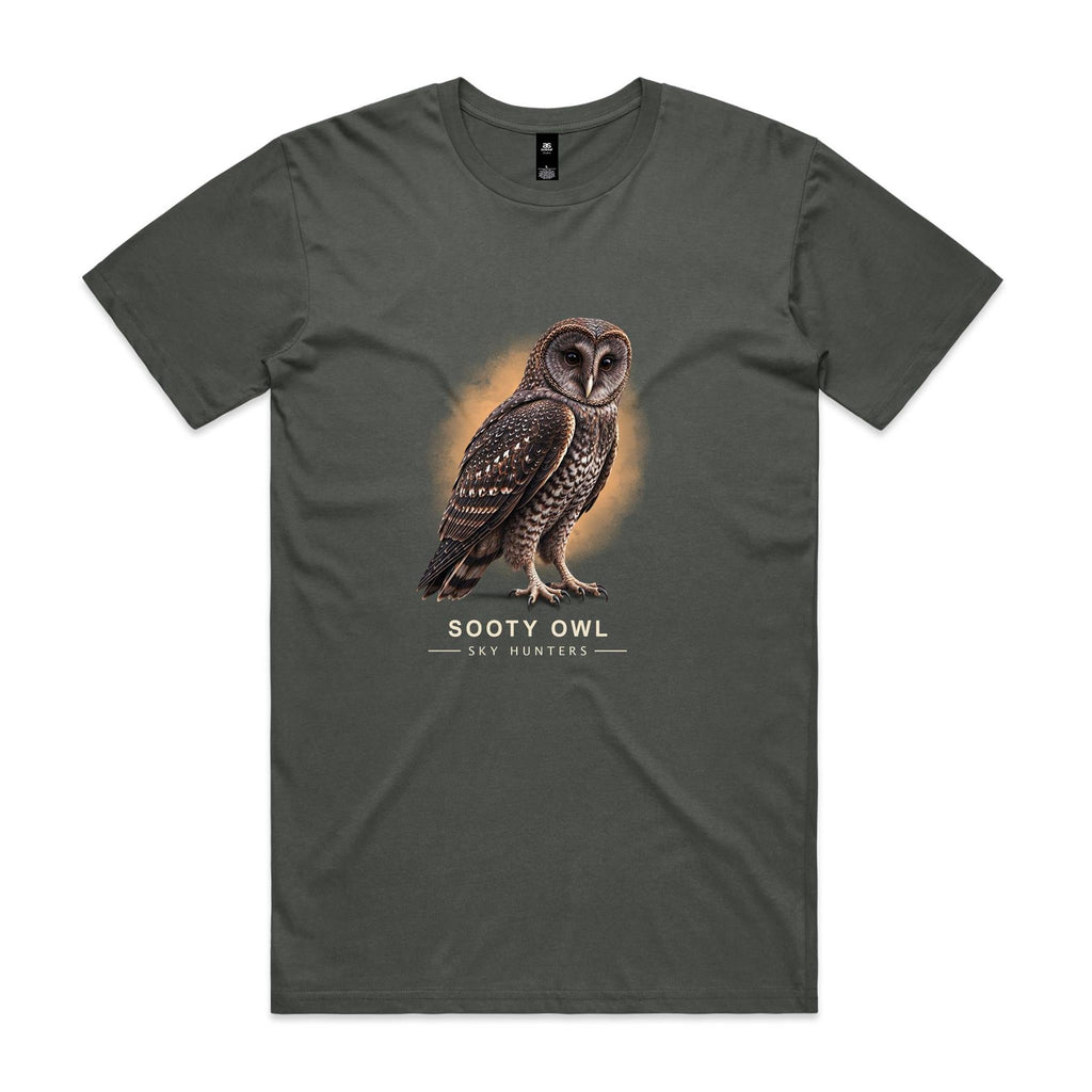 Front of the charcoal Voltare Sooty Owl Sky Hunters T-shirt with a detailed dark-feathered owl against a warm amber backdrop.