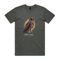 Front of the charcoal Voltare Sooty Owl Sky Hunters T-shirt with a detailed dark-feathered owl against a warm amber backdrop.