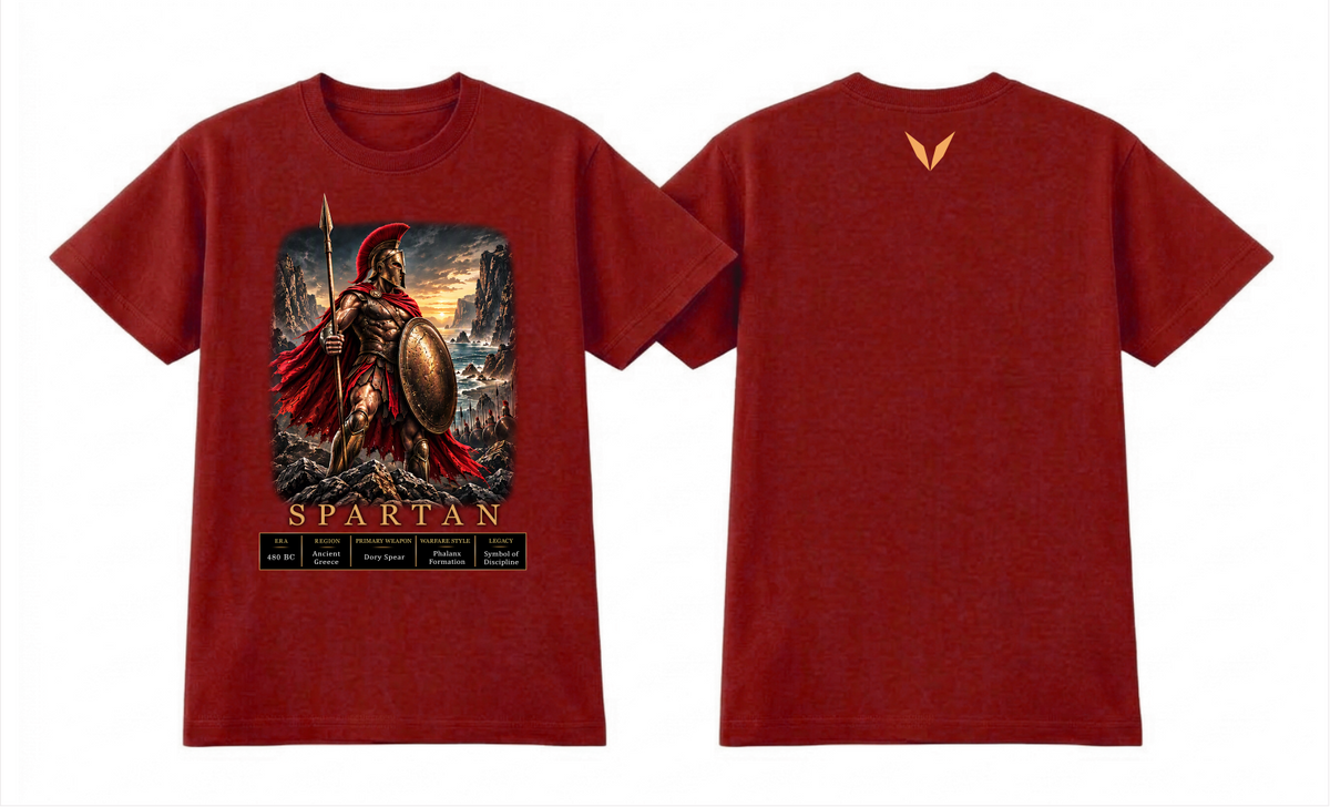 Front and back preview of the Cardinal Voltare Spartan tee showing Greek-inspired warrior artwork and a golden-orange Voltare V