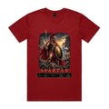 Cardinal Voltare Spartan tee featuring a bronze-armoured warrior with a spear and round shield, rocky coastal scenery and historical fact panels