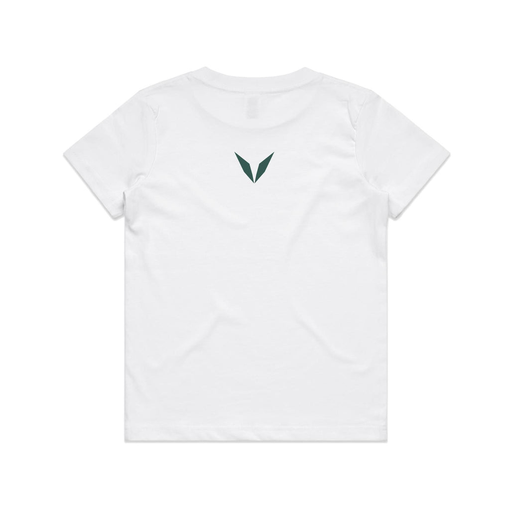 Back of the white Voltare Spinosaurus kids tee with a dark teal Voltare V below the neckline.