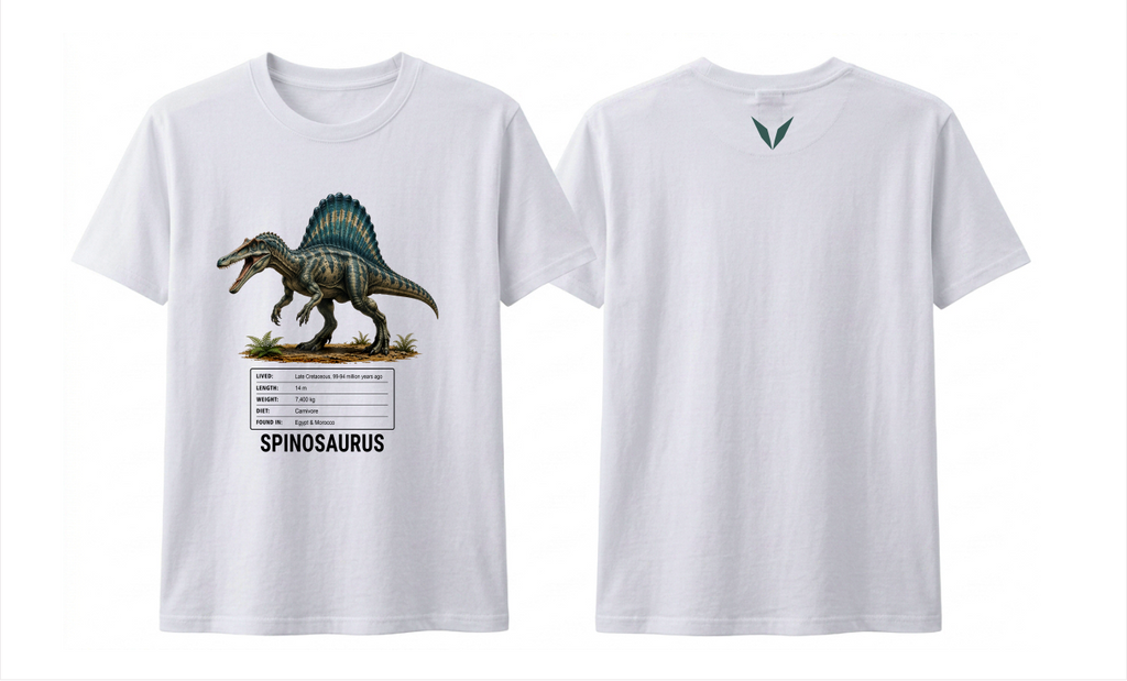 Front and back preview of the white Voltare Spinosaurus kids tee, showing teal-sailed dinosaur artwork and facts on the front and a dark teal V on the back.