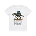 White Voltare kids tee with grey-green Spinosaurus artwork, a tall teal sail, dinosaur facts panel and black Spinosaurus lettering on the front.