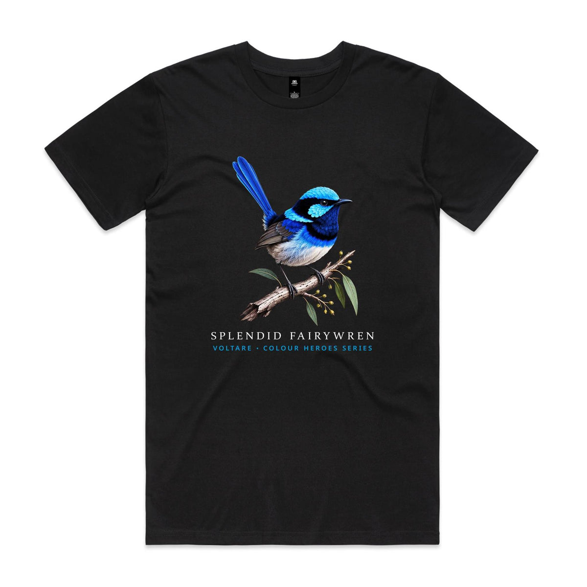 Front of Voltare Black Splendid Fairywren T-shirt featuring a vivid blue bird with an upright tail perched on a eucalyptus branch.