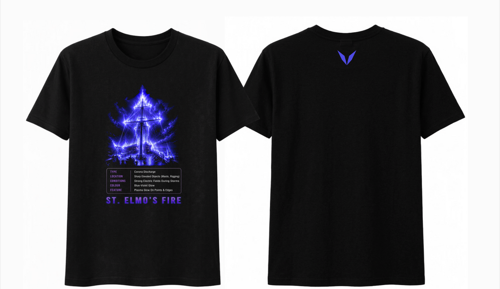 Original Black front and back artwork preview for Voltare St. Elmo’s Fire tee; the available garment colour is Midnight Blue