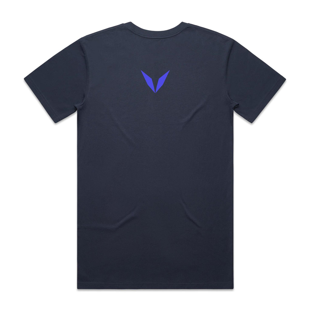 Back of Voltare St. Elmo’s Fire Midnight Blue tee with a blue-violet Voltare V between the shoulder blades