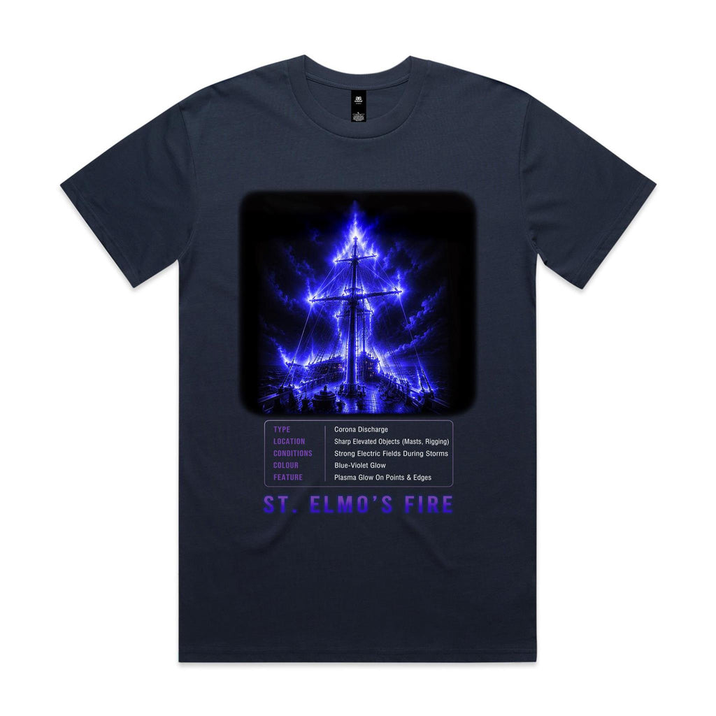 Front of Voltare St. Elmo’s Fire Midnight Blue tee featuring a blue-violet glowing sailing ship, phenomenon facts panel and purple title
