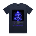 Front of Voltare St. Elmo’s Fire Midnight Blue tee featuring a blue-violet glowing sailing ship, phenomenon facts panel and purple title