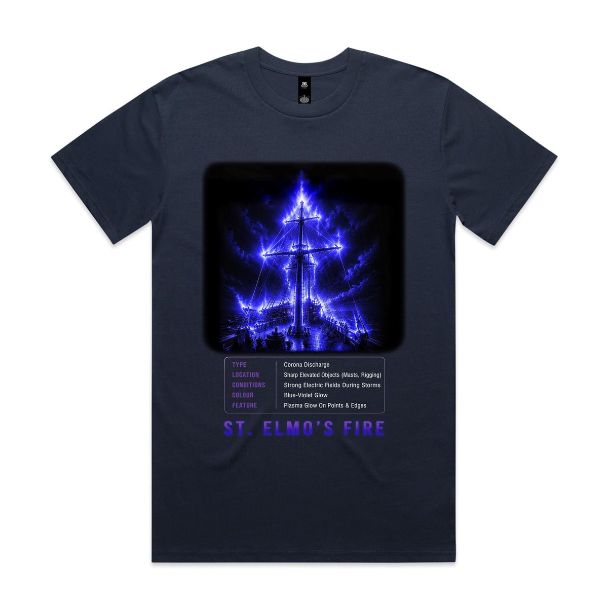 Front of Voltare St. Elmo’s Fire Midnight Blue tee featuring a blue-violet glowing sailing ship, phenomenon facts panel and purple title