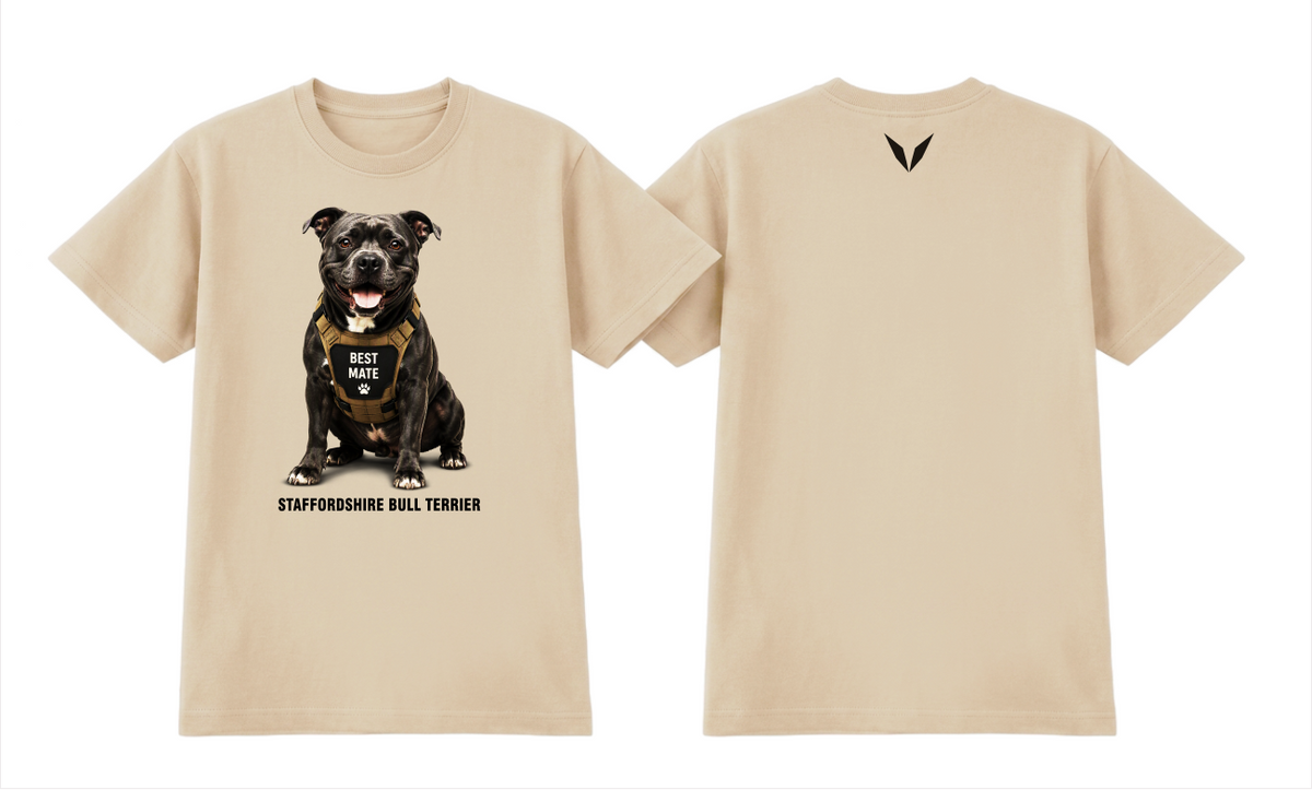 Front and back of the Voltare Staffordshire Bull Terrier Best Mate Tee in Ecru, showing Staffy artwork, BEST MATE harness and near-black back V.