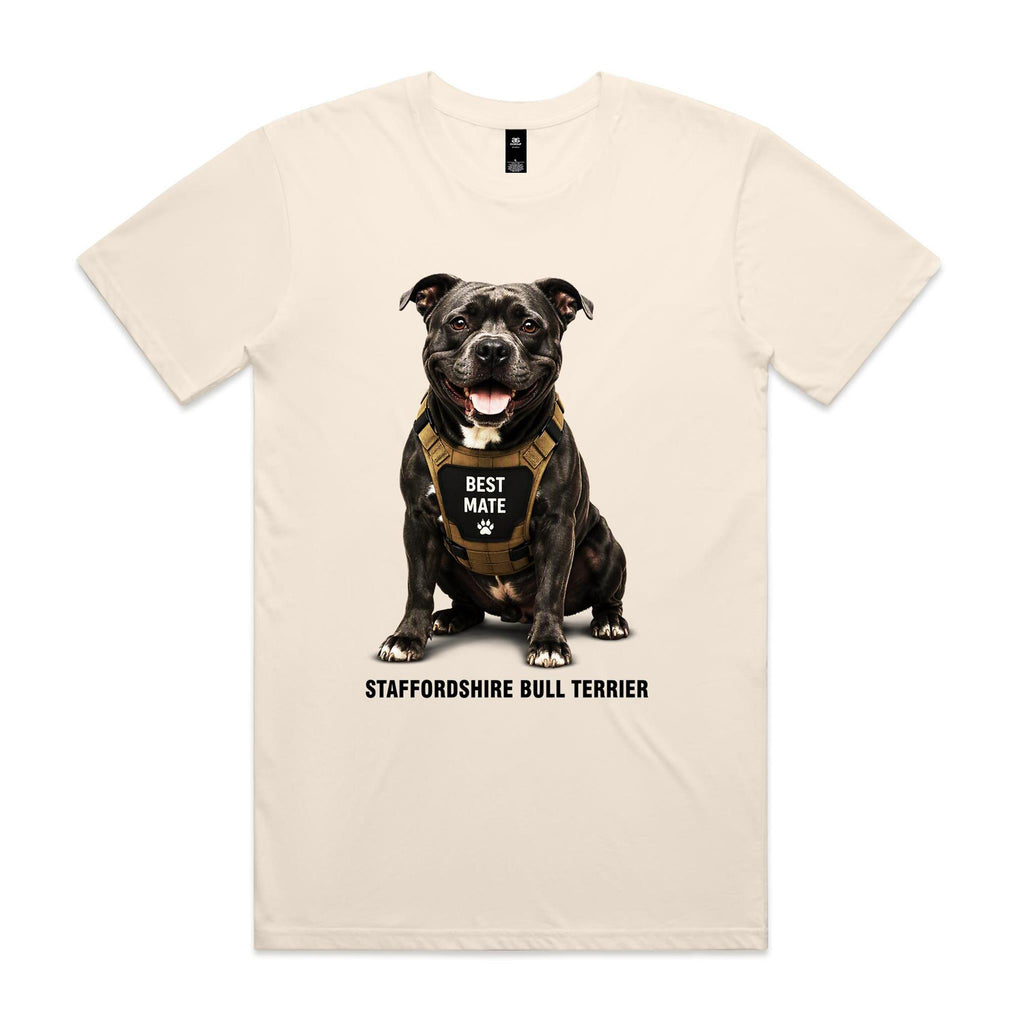 Voltare Staffordshire Bull Terrier Best Mate Tee in Ecru, front showing a Staffy wearing a tan BEST MATE harness above breed lettering.