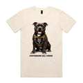Voltare Staffordshire Bull Terrier Best Mate Tee in Ecru, front showing a Staffy wearing a tan BEST MATE harness above breed lettering.