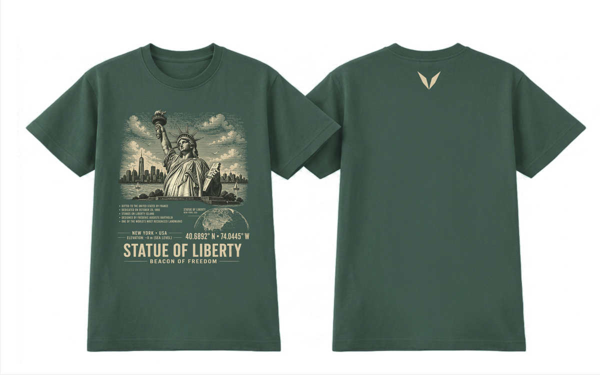 Front and back of the Pine Green Voltare Statue of Liberty Beacon of Freedom tee, showing statue and New York skyline artwork above facts, a map, coordinates and landmark lettering, with a small cream Voltare V high on the back