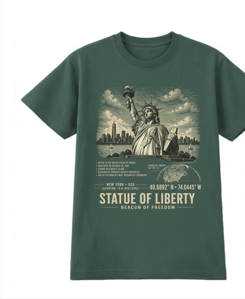 Front of the Pine Green Voltare Statue of Liberty Beacon of Freedom tee, featuring Statue of Liberty and New York skyline artwork above historical facts, a location map, coordinates and Statue of Liberty Beacon of Freedom lettering