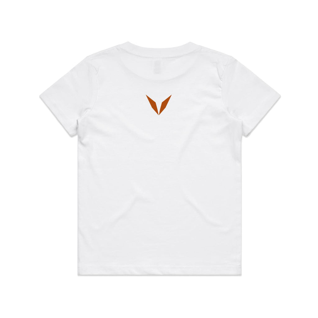 Back of the white Voltare Stegosaurus kids tee with a burnt-orange Voltare V below the neckline.