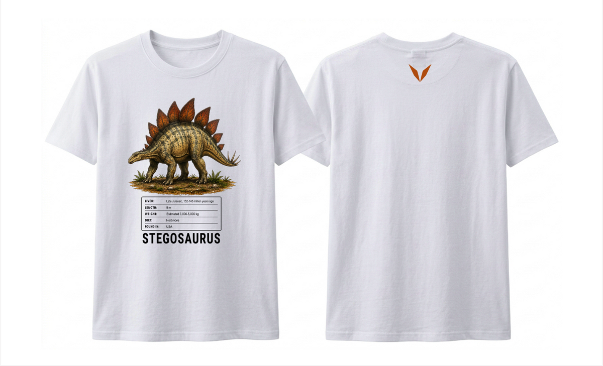 Front and back preview of the white Voltare Stegosaurus kids tee, showing plated dinosaur artwork and facts on the front and a burnt-orange V on the back.