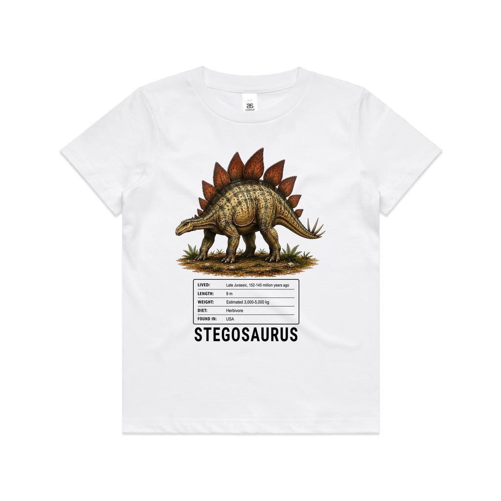 White Voltare kids tee with golden-olive Stegosaurus artwork, burnt-orange back plates, a spiked tail, dinosaur facts panel and black Stegosaurus lettering on the front.