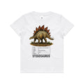 White Voltare kids tee with golden-olive Stegosaurus artwork, burnt-orange back plates, a spiked tail, dinosaur facts panel and black Stegosaurus lettering on the front.