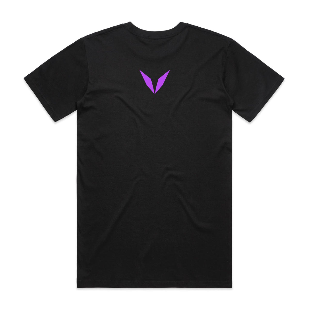 Back of Voltare STEVE Phenomena black tee with bright-purple Voltare V logo