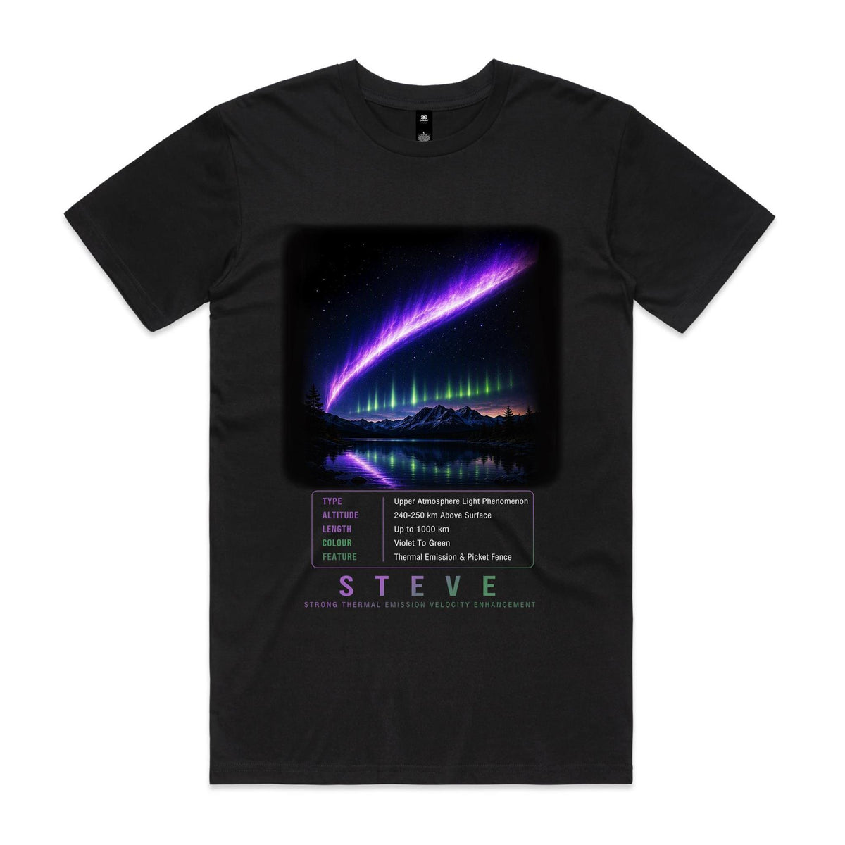 Front of Voltare STEVE black tee with a violet sky ribbon, green picket-fence lights, mountain and lake reflections, facts panel and STEVE lettering