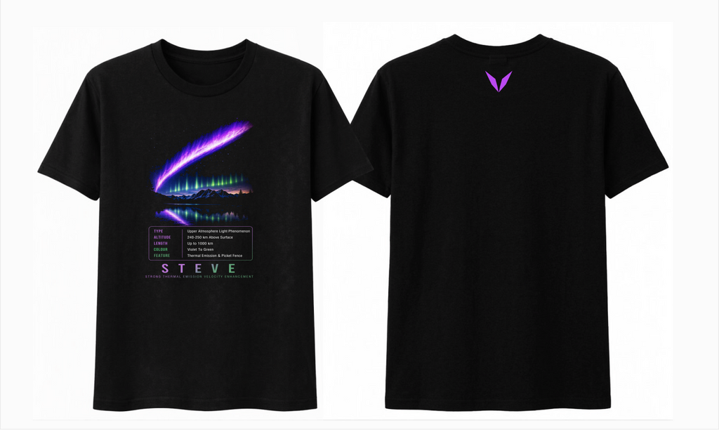 Front and back preview of Voltare STEVE black tee with violet and green atmospheric lights, facts panel and bright-purple Voltare V logo