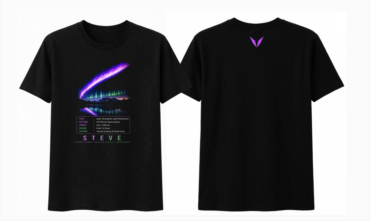 Front and back preview of Voltare STEVE black tee with violet and green atmospheric lights, facts panel and bright-purple Voltare V logo