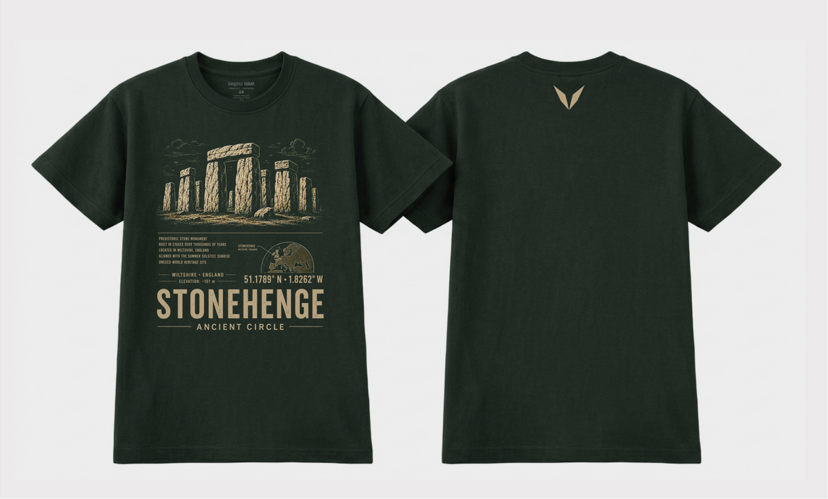 Front and back of the Forest Green Voltare Stonehenge Ancient Circle tee, showing Stonehenge artwork above facts, a map, coordinates and landmark lettering, with a sand-coloured Voltare V high on the back

