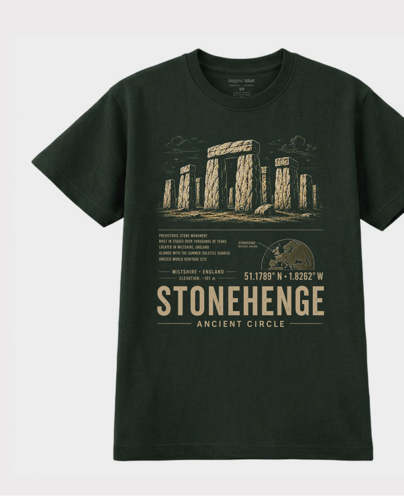 Front of the Forest Green Voltare Stonehenge Ancient Circle tee, featuring sand-toned Stonehenge artwork above a fact panel, Wiltshire map, coordinates and Stonehenge Ancient Circle lettering