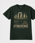 Front of the Forest Green Voltare Stonehenge Ancient Circle tee, featuring sand-toned Stonehenge artwork above a fact panel, Wiltshire map, coordinates and Stonehenge Ancient Circle lettering