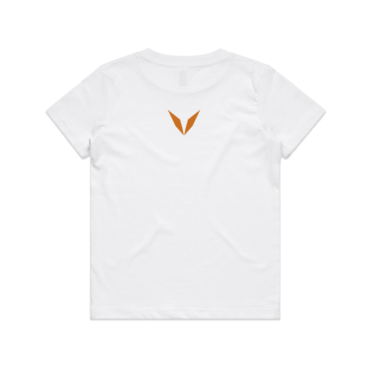 Back of the white Voltare Styracosaurus kids tee with a burnt-orange Voltare V below the neckline.