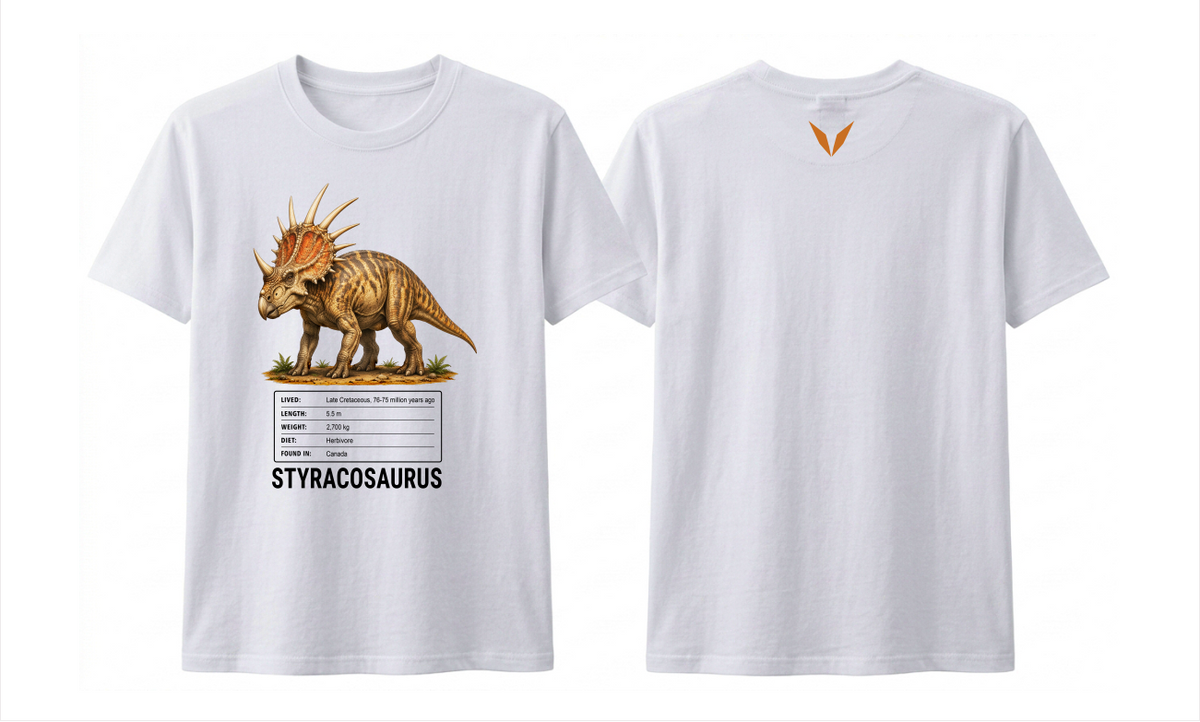 Front and back preview of the white Voltare Styracosaurus kids tee, showing dinosaur artwork and facts on the front and a burnt-orange V on the back.