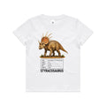 White Voltare kids tee with golden-brown Styracosaurus artwork, dinosaur facts panel and black Styracosaurus lettering on the front.