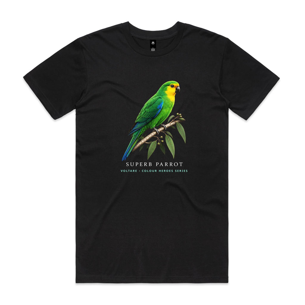 Front of Voltare Black Superb Parrot T-shirt featuring a green and yellow parrot on a eucalyptus branch.
