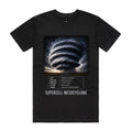 Front of Voltare Supercell Mesocyclone black tee with towering storm clouds above an open road, storm-facts panel and design title